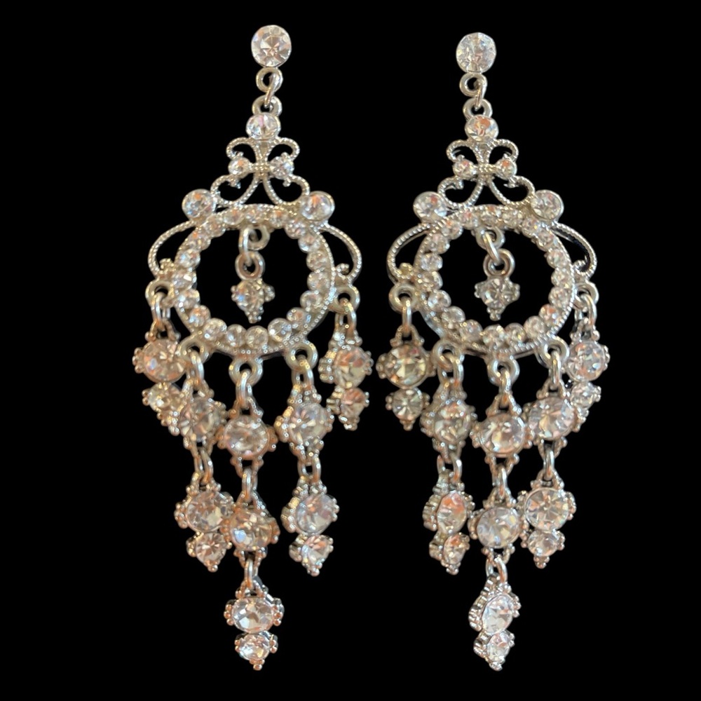 Crystal Rhinestone Chandelier Statement Earrings Silver Bridal Prom Drop